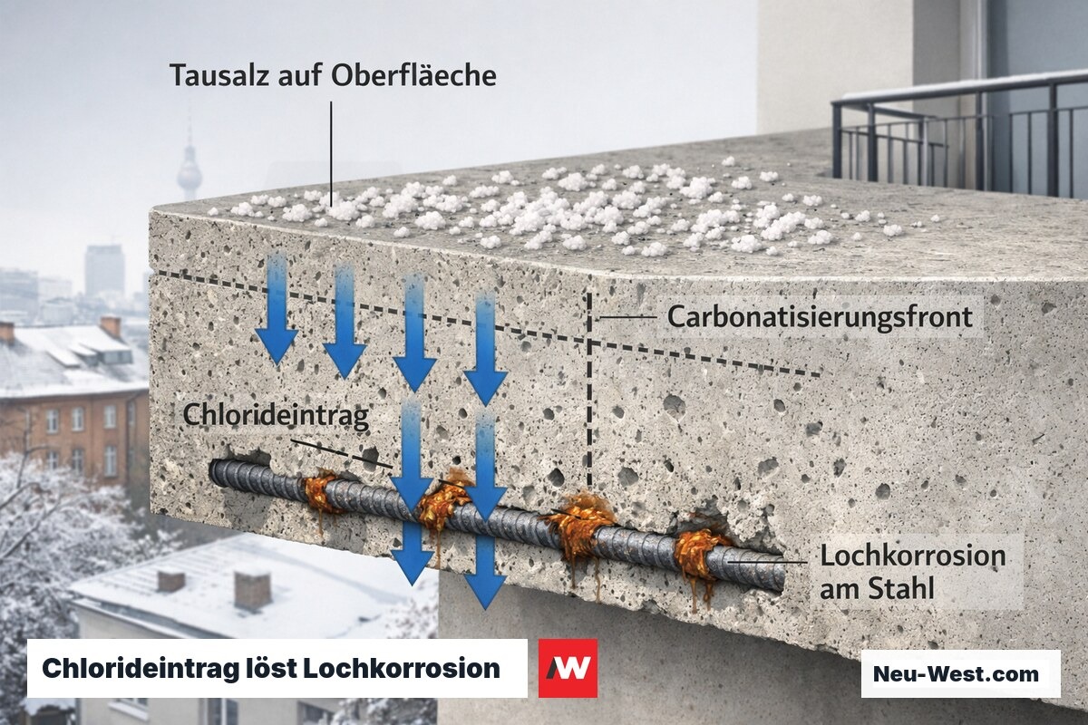 Querschnitt eines Balkonbetons: Tausalz an der Oberfläche, Chloride dringen zum Bewehrungsstahl vor und lösen Lochkorrosion aus, während die Carbonatisierungsfront noch flach liegt.