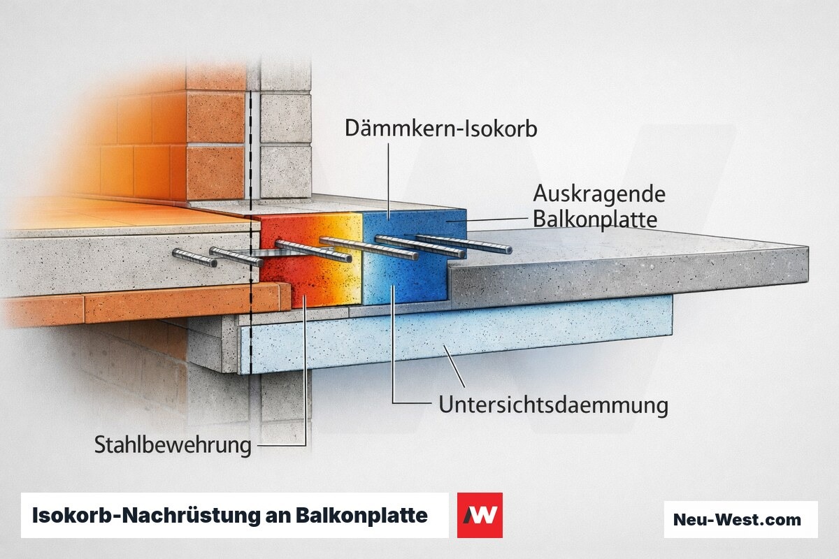 Querschnitt einer auskragenden Balkonplatte mit nachgerüstetem Isokorb-Dämmkern, Stahlbewehrung und Untersichtsdämmung zur Reduktion der Wärmebrücke.