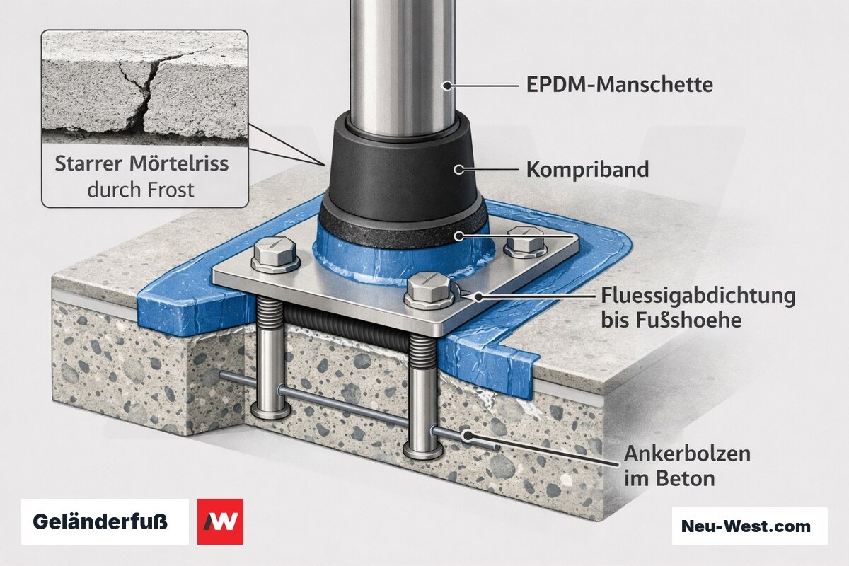Querschnitt eines Geländerfußes mit EPDM-Manschette, Kompriband und Flüssigabdichtung bis Fußhöhe auf abgedichteter Betonplatte.