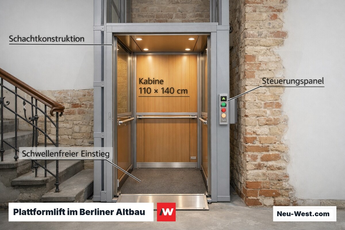 Senkrechter Plattformlift in einem Gründerzeithaus mit barrierefreiem Einstieg und integriertem Stahlschacht