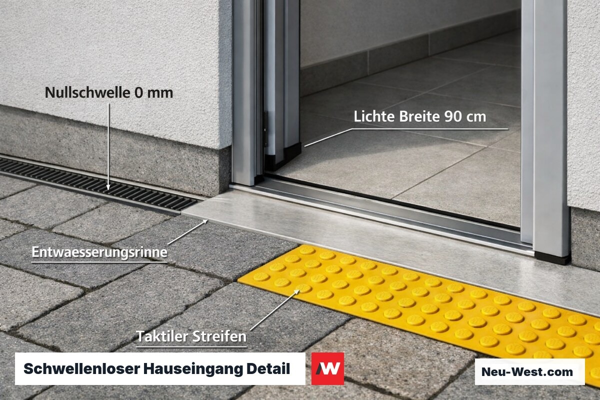 Detailaufnahme eines schwellenlosen Hauseingangs mit Entwässerungsrinne, 90 cm Türbreite und taktilen Bodenmarkierungen