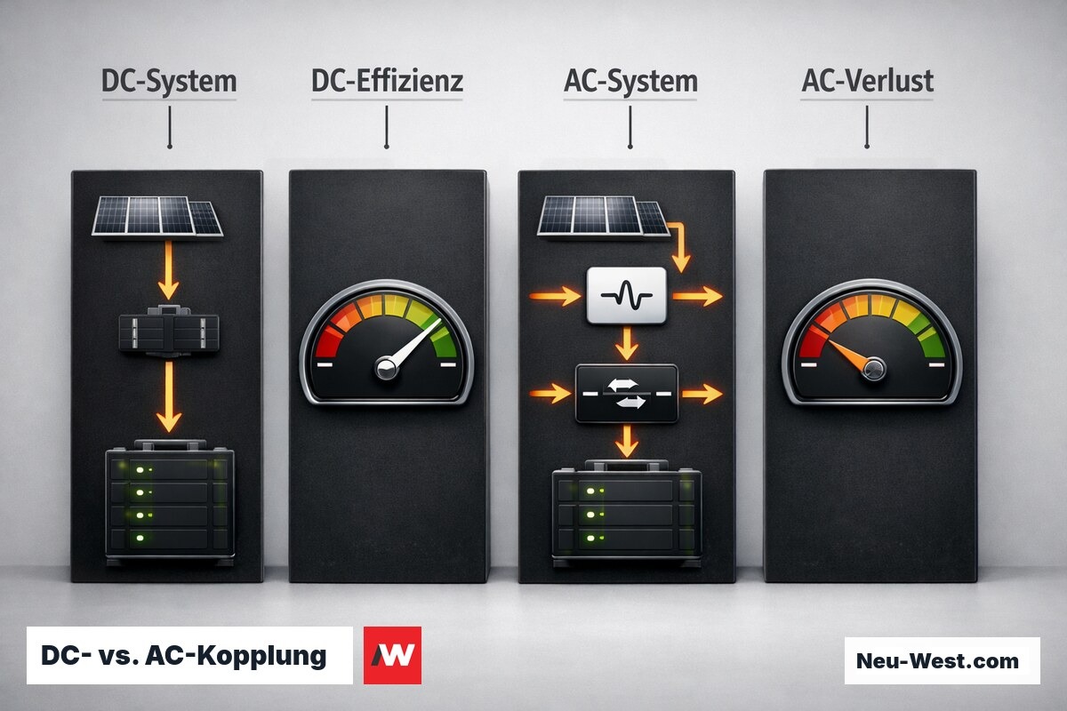 DC- vs. AC-Kopplung: Systemtopologie und Wirkungsgradstufen – Erklär-Grafik (NEUWEST Berlin)