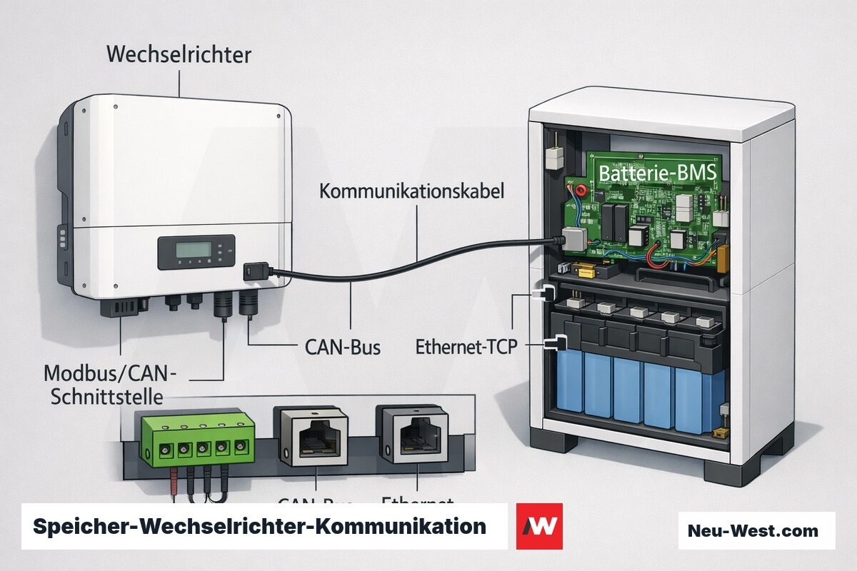 Schnittdarstellung: Wechselrichter und Batteriespeicher mit BMS, verbunden über Kommunikationskabel mit Modbus-, CAN- und TCP-Schnittstellen.