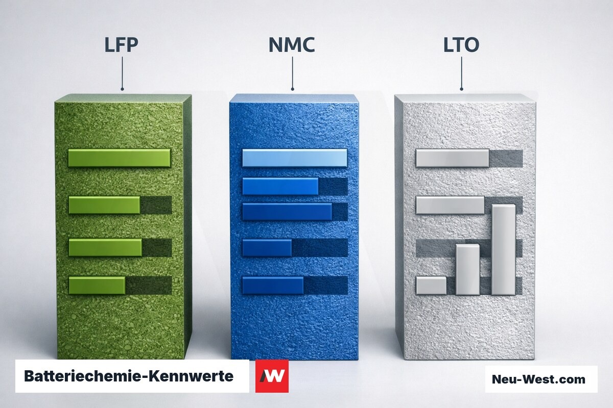 Batteriechemie-Kennwerte: LFP, NMC und LTO im Vergleich – Erklär-Grafik (NEUWEST Berlin)
