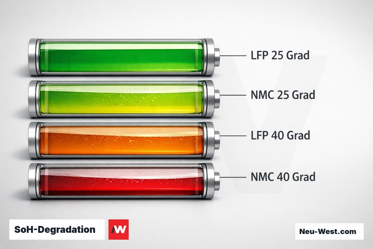 SoH-Degradation: Kapazitaetsverlauf LFP vs. NMC bei 25 °C und 40 °C – Erklär-Grafik (NEUWEST Berlin)