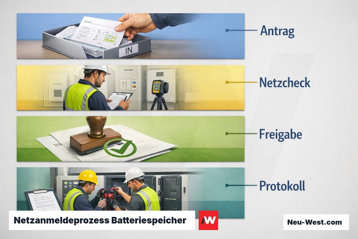 Netzanmeldeprozess Batteriespeicher: Ablauf bis Inbetriebnahmeprotokoll – Erklär-Grafik (NEUWEST Berlin)