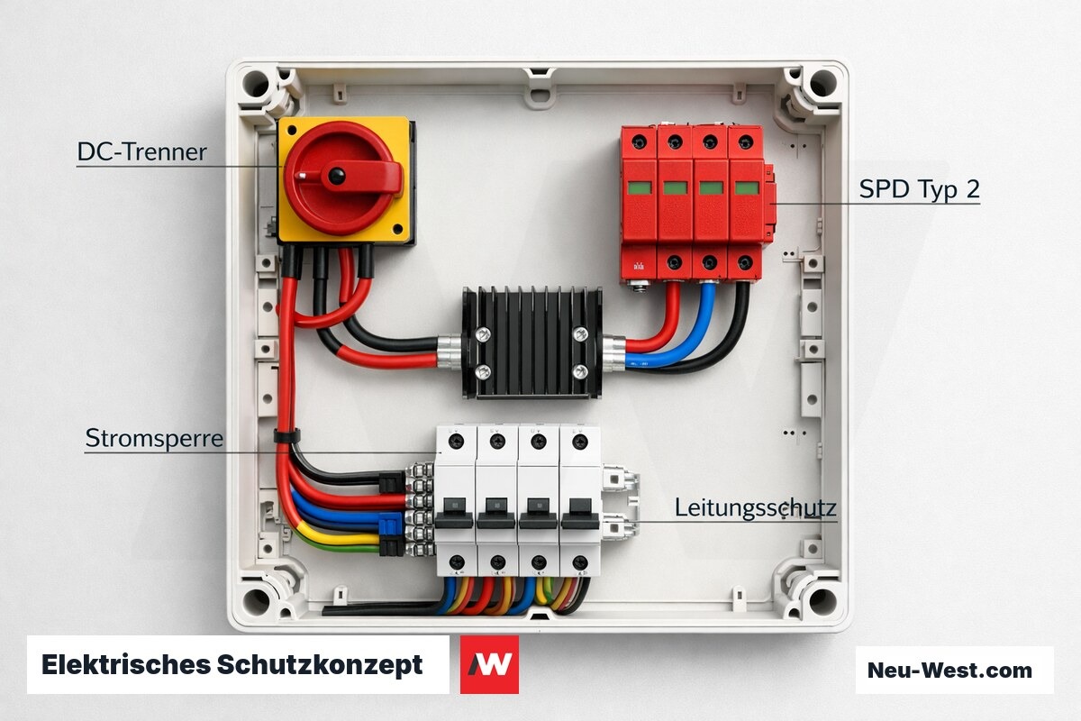 Elektrisches Schutzkonzept: Pflichtkomponenten im Systemschema – Erklär-Grafik (NEUWEST Berlin)