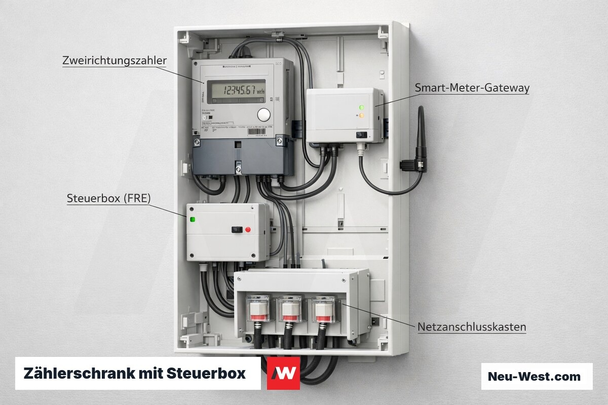 Cutaway eines Zählerschranks mit Zweirichtungszähler, Smart-Meter-Gateway, Steuerbox und Netzanschlusskasten für die dynamische Steuerung statt starrer 70%-Regelung.