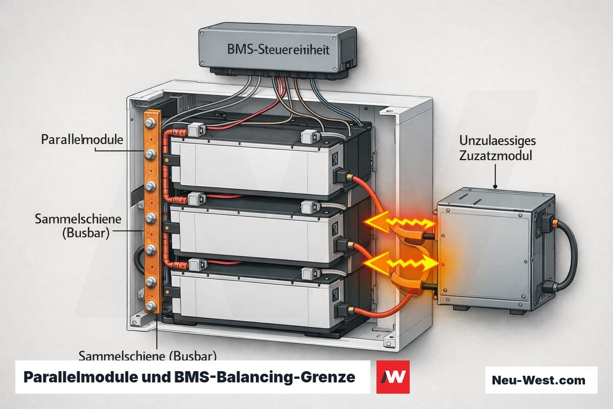 Cutaway eines Batterieschranks mit parallel geschalteten Modulen, BMS-Einheit und einem unzulässigen Zusatzmodul mit unkontrolliertem Balancing-Strom.