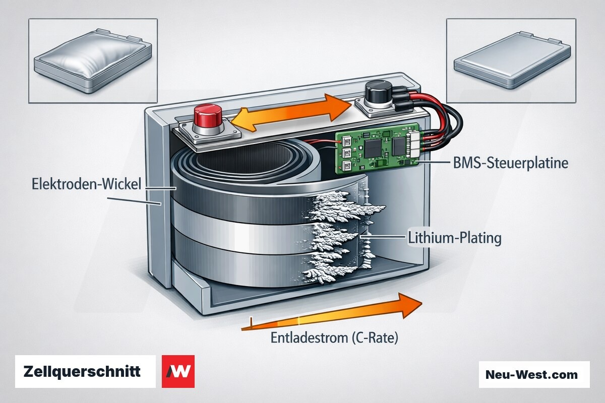 Querschnitt einer Lithium-Batteriezelle mit Elektroden, Lithium-Plating, BMS-Platine und Entladestrom als Degradationsursachen