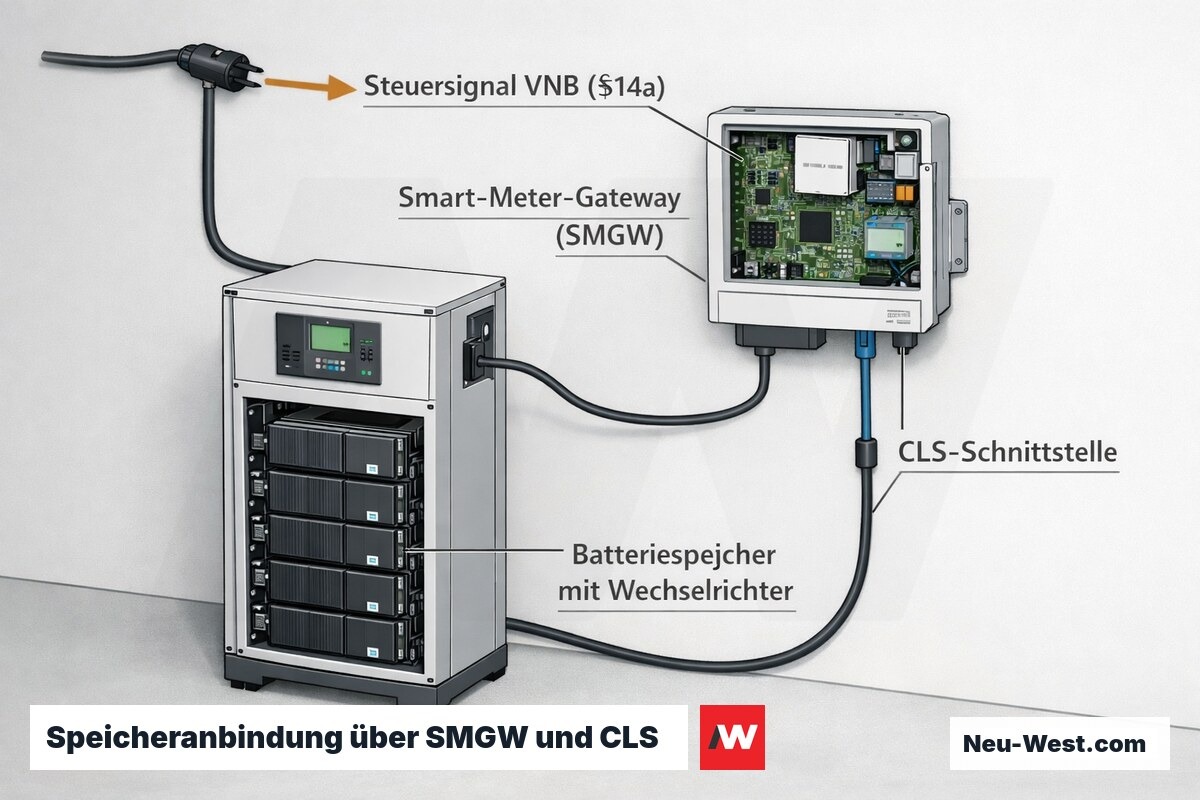 Erklär-Illustration: Smart-Meter-Gateway mit CLS-Schnittstelle steuert einen Batteriespeicher über Signale des Netzbetreibers nach §14a EnWG.
