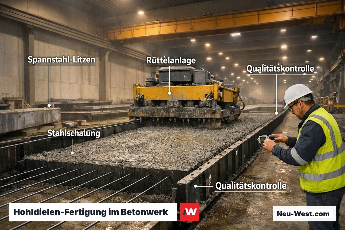 Arbeiter prüft frisch betonierte Spannbeton-Hohlplatte in Fertigteilwerk; Stahlschalung und Vorspannlitzen sichtbar.