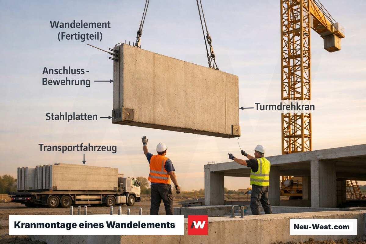 Turmdrehkran hebt Stahlbeton-Wandelement auf Rohbau; Rigger führen Element an Ankerpunkten in Zielposition.