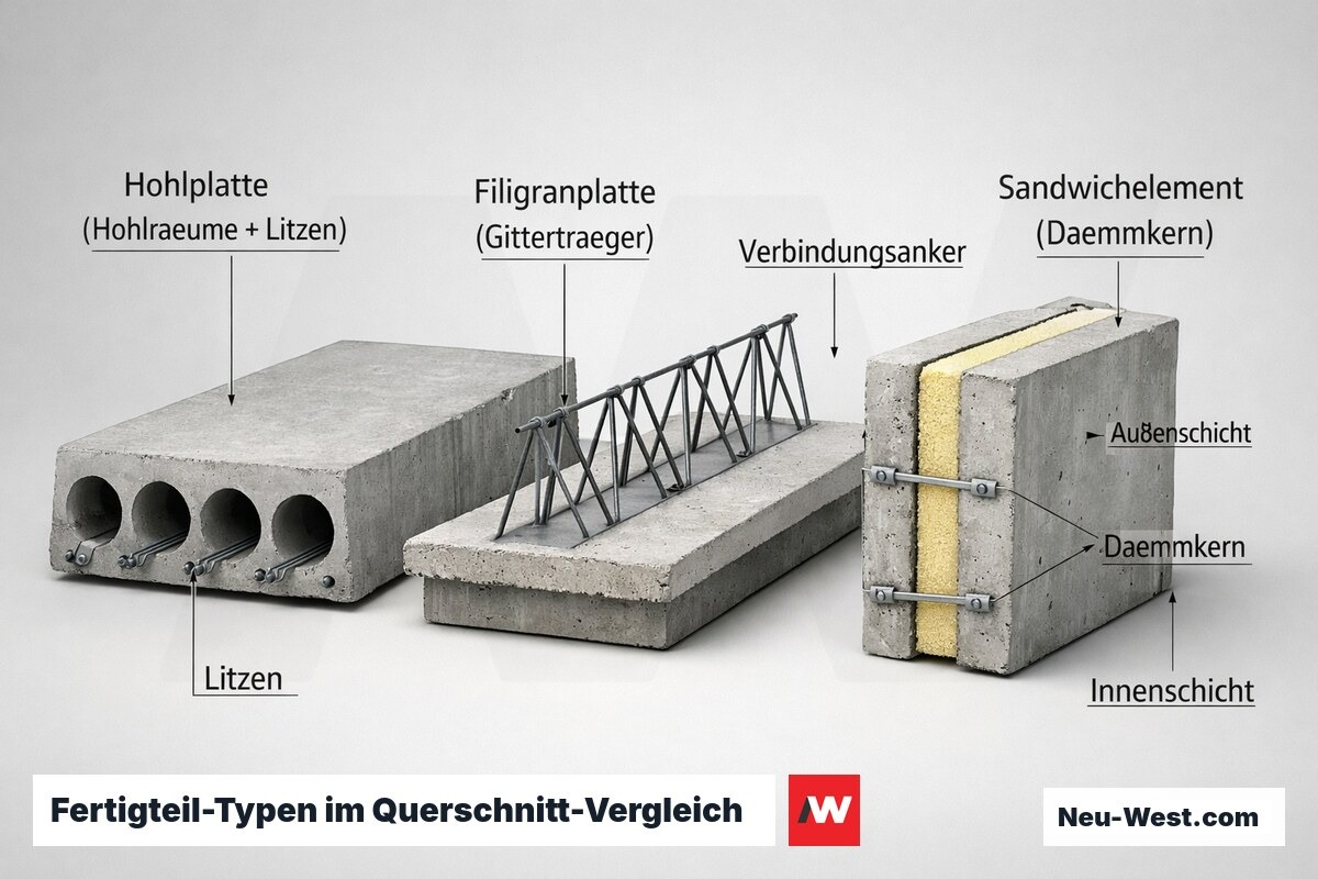 Querschnitt-Vergleich drei Betonfertigteile: Hohlplatte, Filigrandecke und Sandwichwandelement mit sichtbaren Schichten.