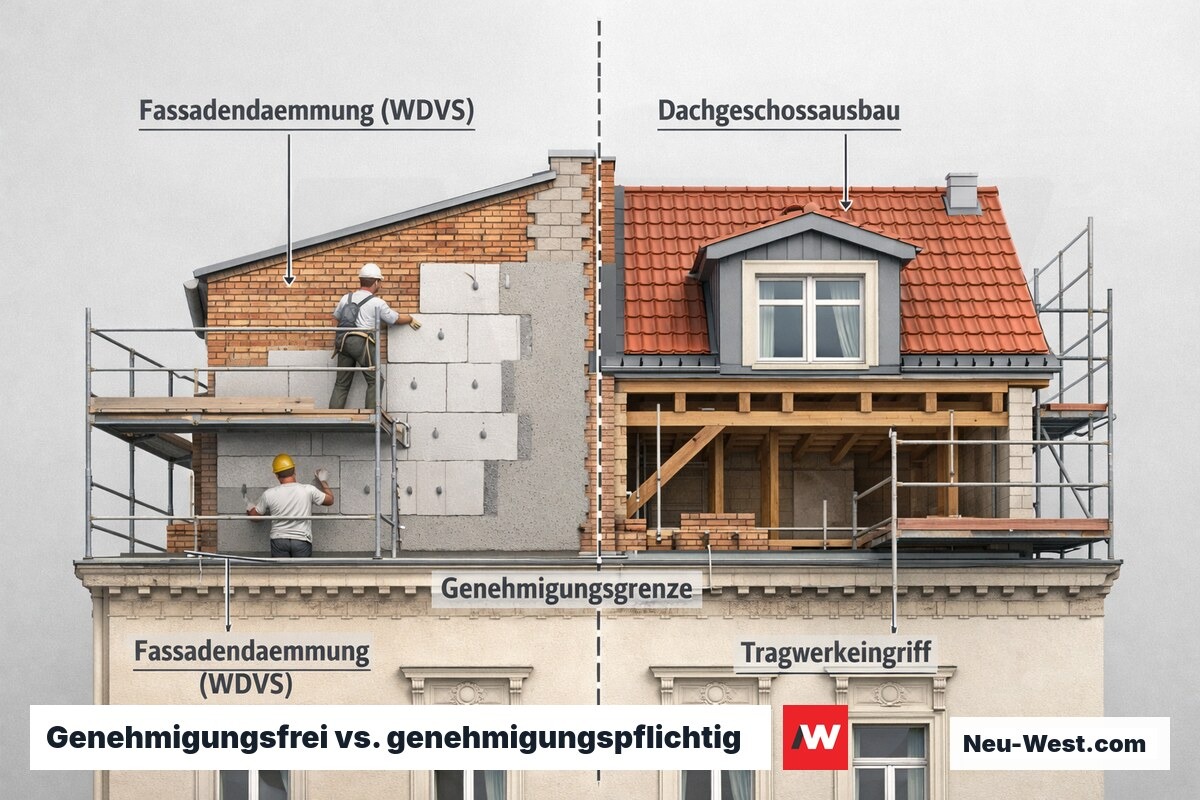Berliner Altbau-Querschnitt zeigt links genehmigungsfreie Fassadendämmung und rechts genehmigungspflichtigen Dachausbau mit Gaube.