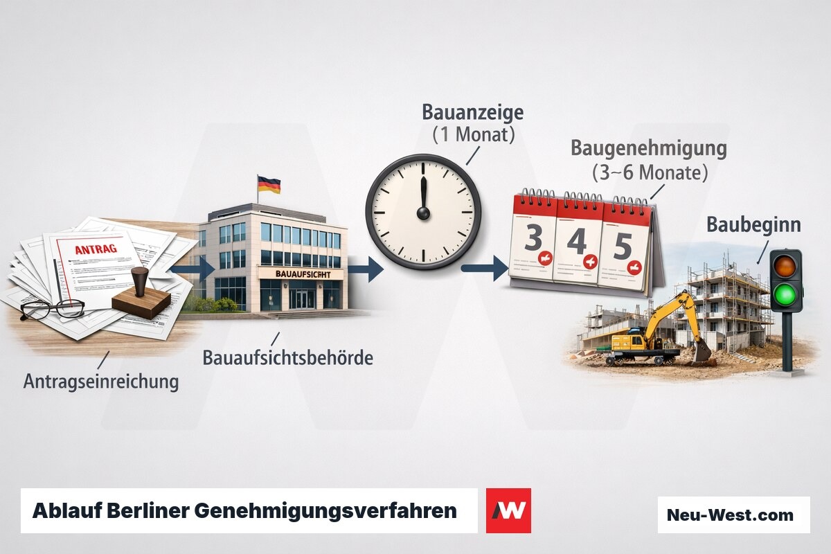 Zeitstrahl zeigt den Ablauf von Bauantragseinreichung über Bauanzeige und Baugenehmigung bis zum Baubeginn in Berlin.