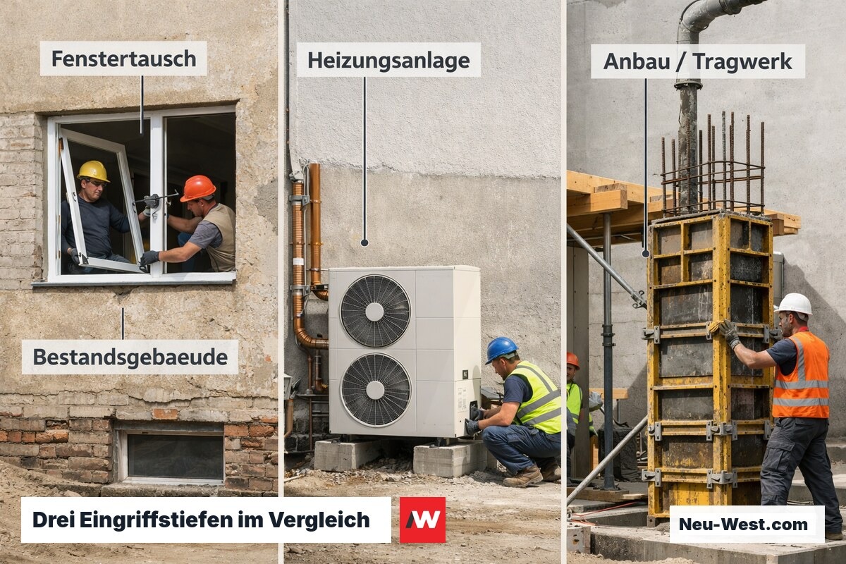 Berliner Wohnhaus zeigt gleichzeitig genehmigungsfreien Fenstertausch, Heizungstausch und genehmigungspflichtigen Anbau mit Tragwerkseingriff.