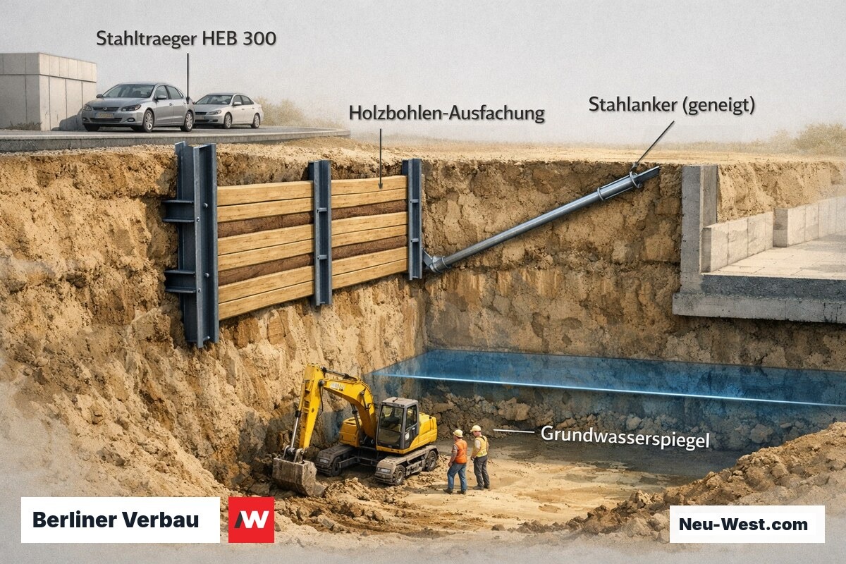 Schnittdarstellung einer Trägerbohlwand mit HEB-Stahlträgern, Holzbohlen-Ausfachung und geneigten Stahlankern im Berliner Sand