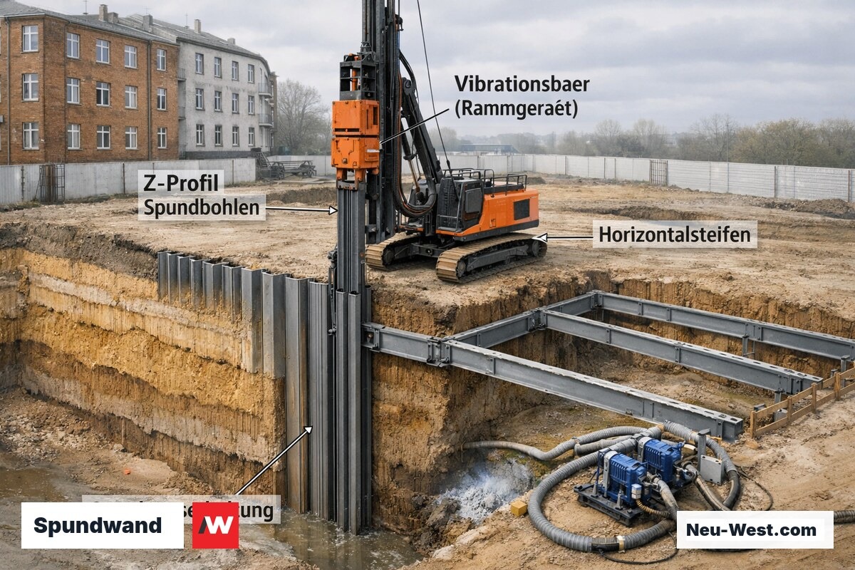 Aufsichtsperspektive einer Spundwand-Baustelle mit Vibrationsbär, Z-Profil-Bohlen, Aussteifungsrahmen und Wasserhaltungsanlage