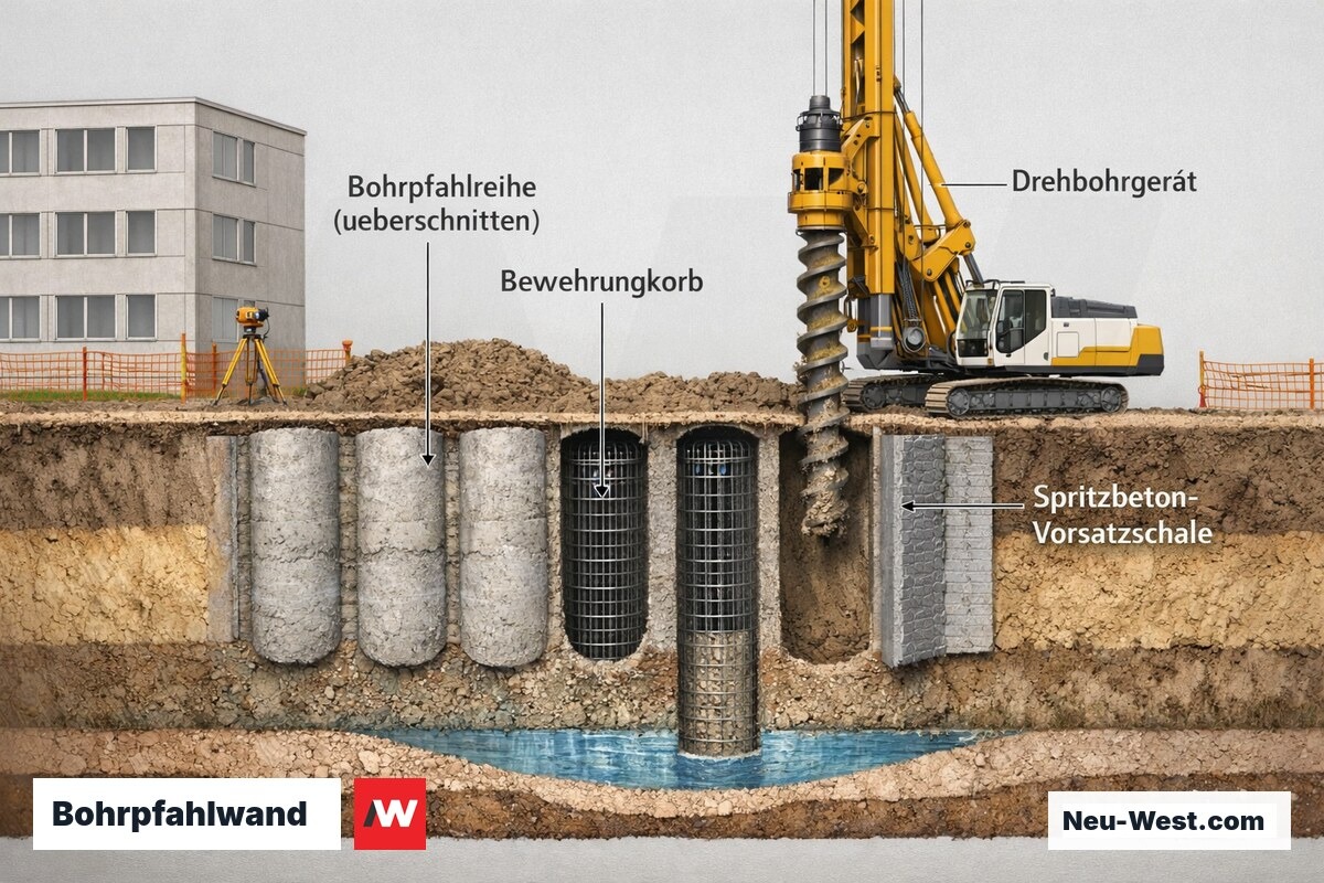 Schnittdarstellung einer Bohrpfahlwand mit Drehbohrgerät, Bewehrungskörben, überschnittenen Betonpfählen und Spritzbeton-Vorsatzschale