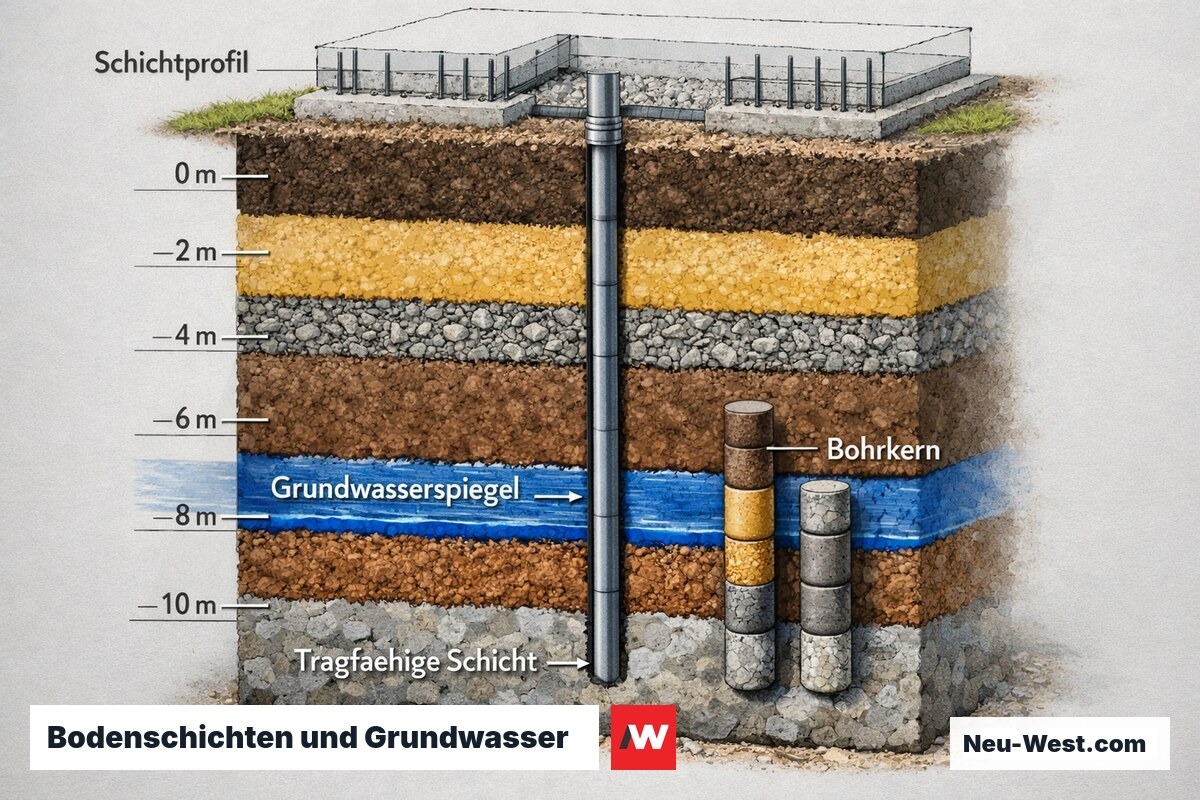 Geologischer Querschnitt eines Baugrunds mit Bodenschichten, Bohrkern, Grundwasserspiegel und tragfähiger Schicht darunter.
