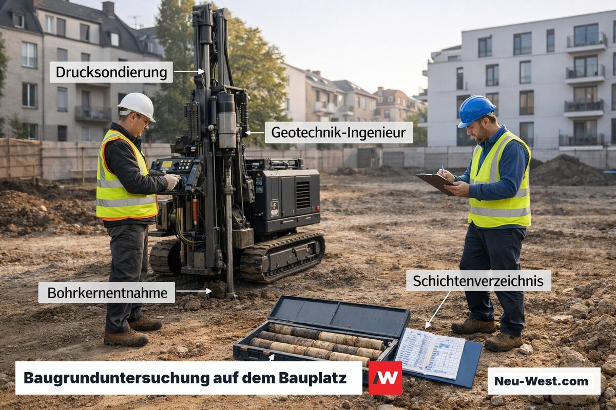 Geotechniker führen Drucksondierung und Bohrkernentnahme auf einem städtischen Baugrundstück durch.