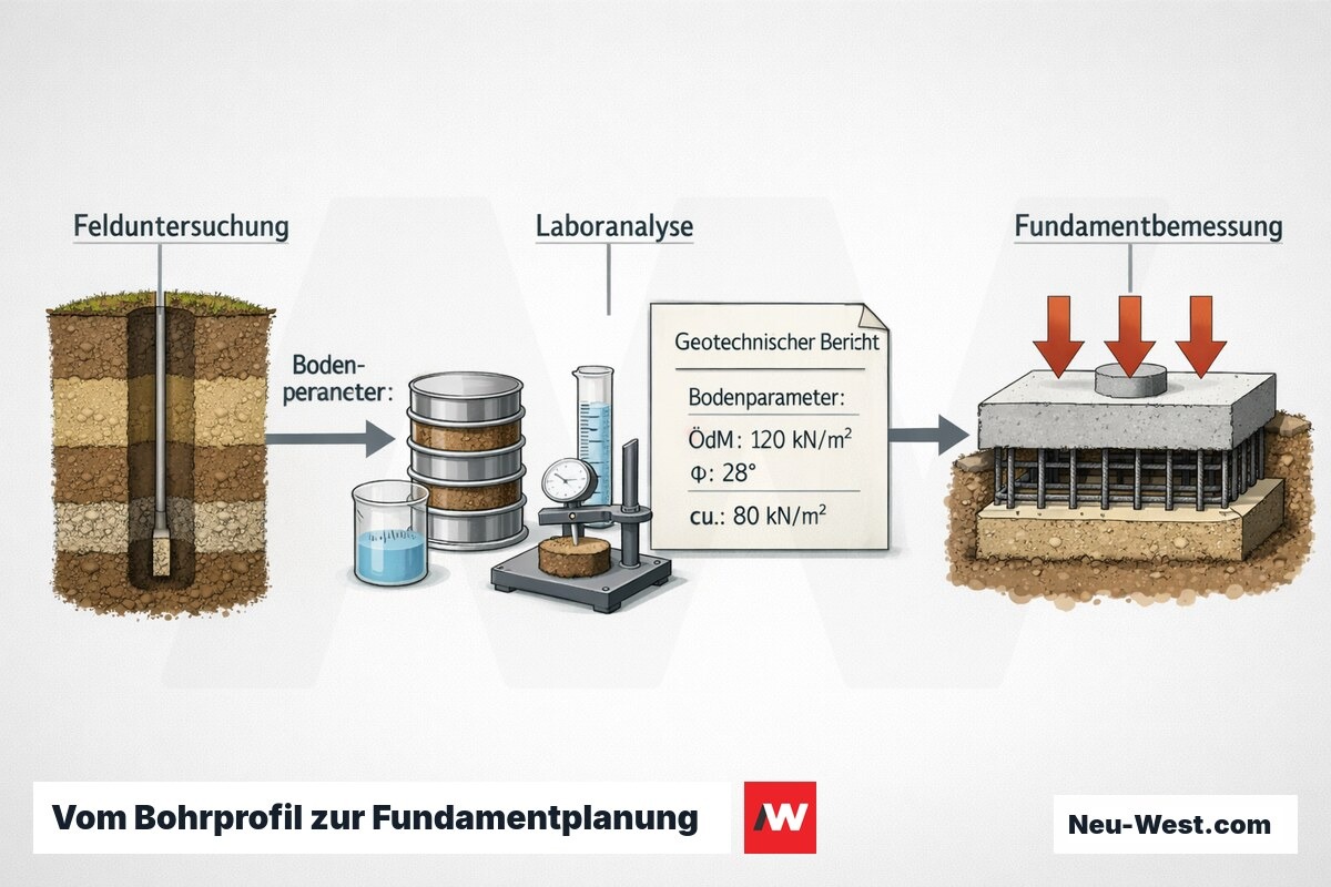 Schematischer Ablauf von Baugrunduntersuchung über Laboranalyse und Gutachten bis zur normengerechten Fundamentbemessung.