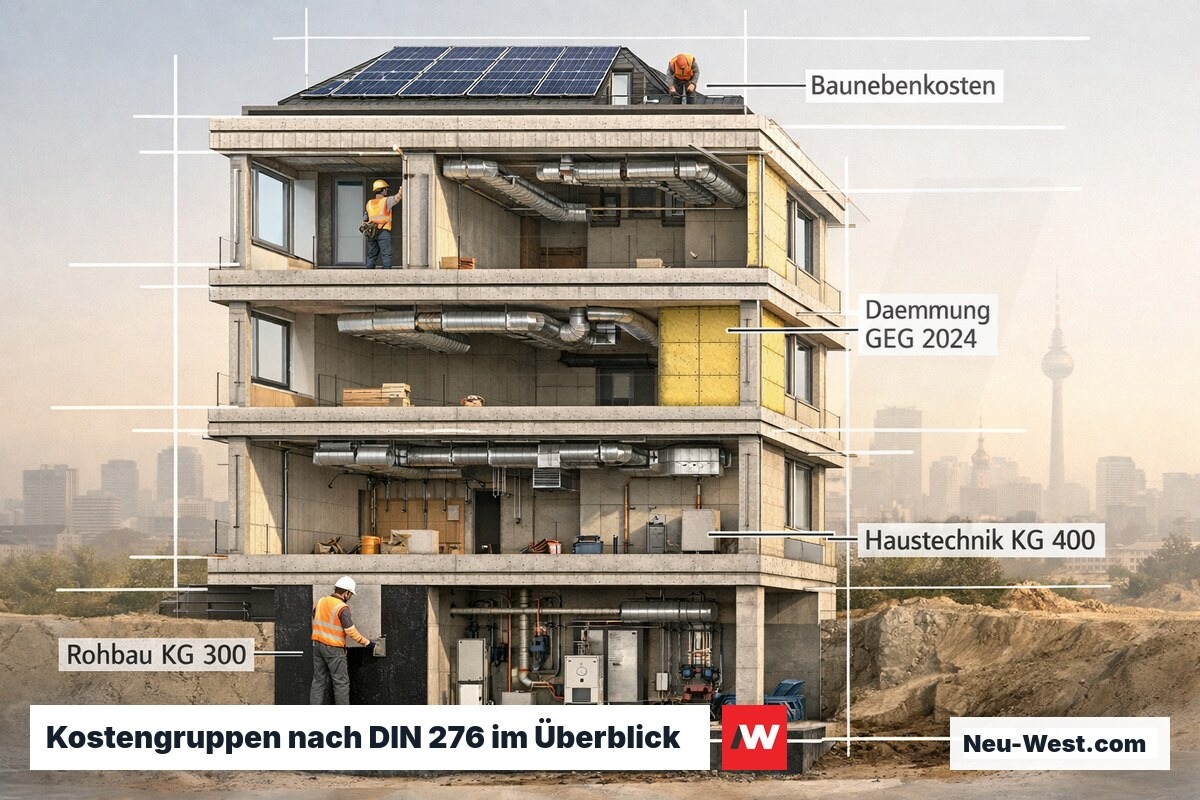 Querschnitt eines Berliner Neubaus mit farblich markierten Kostengruppen von Rohbau bis Haustechnik nach DIN 276