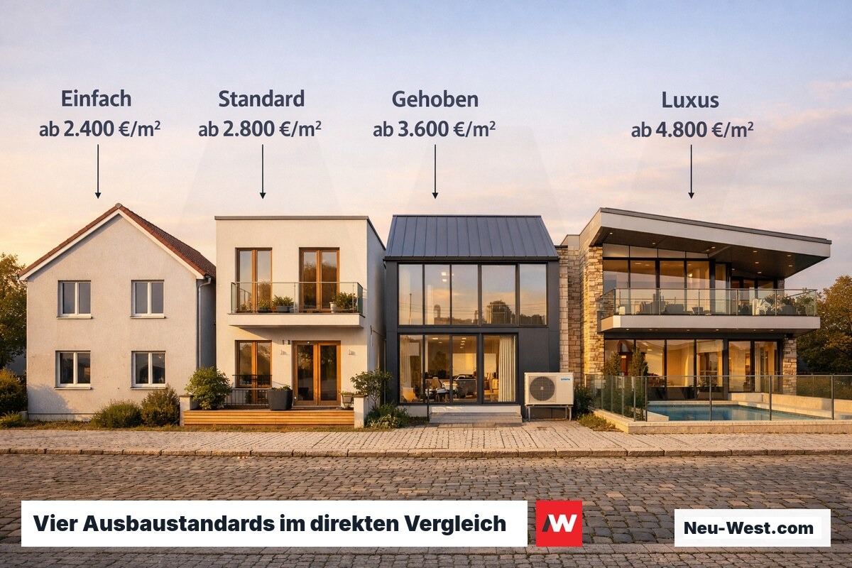 Vier Berliner Einfamilienhäuser nebeneinander zeigen den Qualitätsunterschied von Einfach- bis Luxusstandard