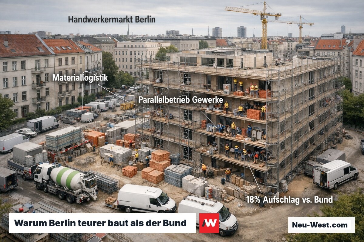 Belebte Berliner Baustelle mit vielen Gewerken gleichzeitig verdeutlicht den angespannten Handwerkermarkt 2026