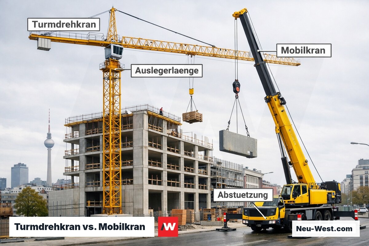 Turmdrehkran und Mobilkran auf Berliner Großbaustelle im Einsatz, Hochbau Rohbau im Hintergrund