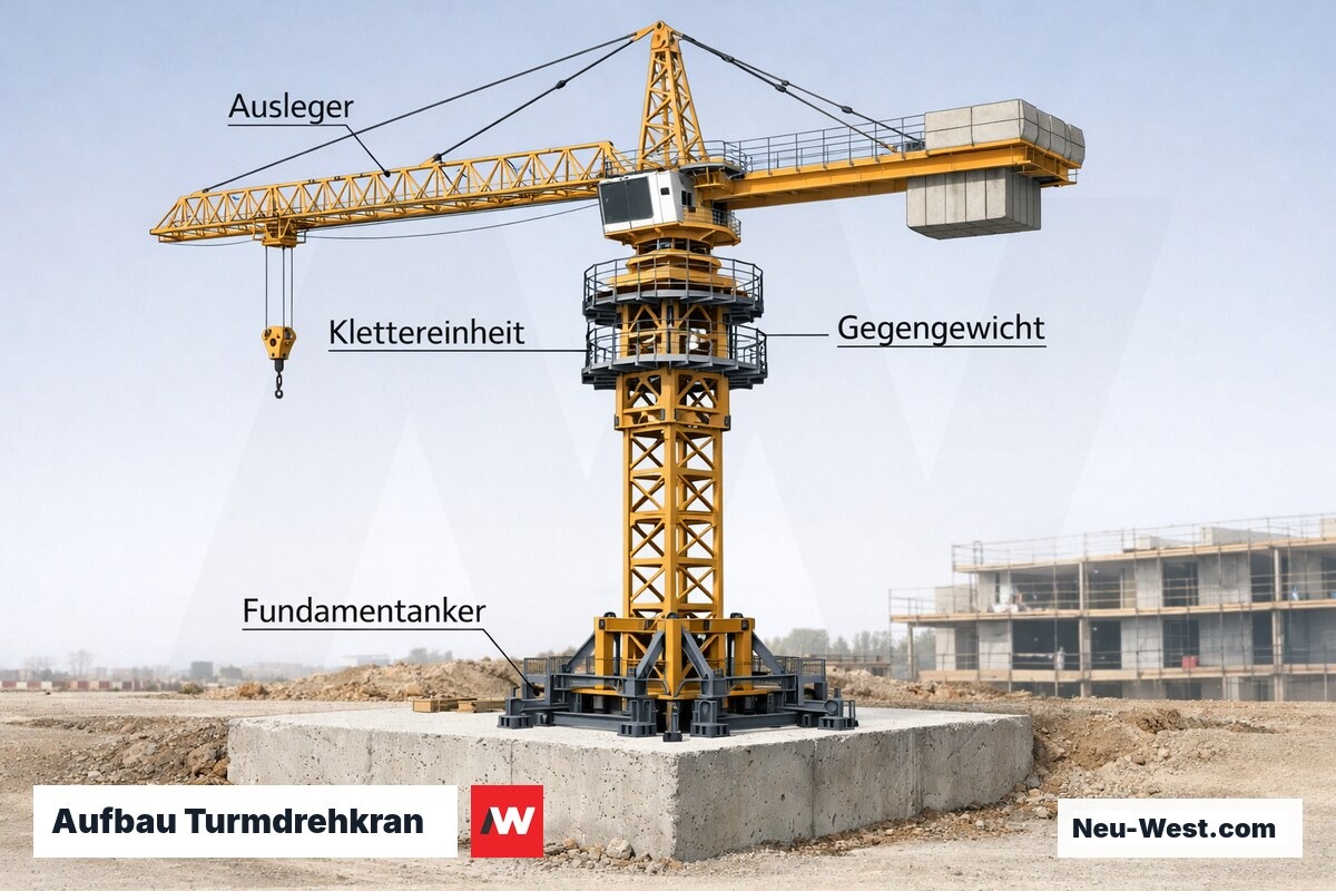 Technische Illustration der Hauptkomponenten eines Turmdrehkrans mit Klettereinheit, Ausleger und Fundamentanker