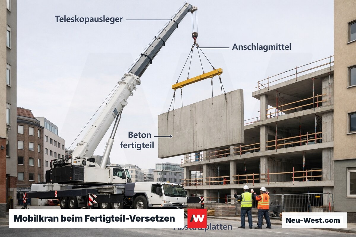 Allterrain-Mobilkran versetzt Betonfertigteilelement mit ausgefahrenen Abstützungen auf beengter Stadtbaustelle