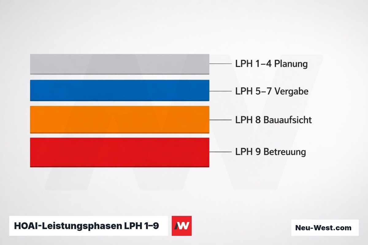 HOAI-Leistungsphasen LPH 1–9: Honoraranteile und Schwerpunkte der Bauleitung – Erklär-Grafik (NEUWEST Berlin)