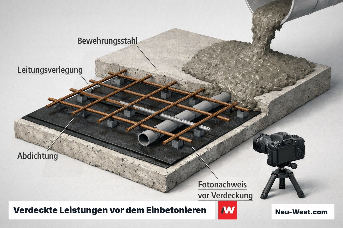 Querschnitt einer Betondecke mit Abdichtung, Bewehrungsstahl und Leitung, fotografisch dokumentiert bevor der Beton alles verdeckt.