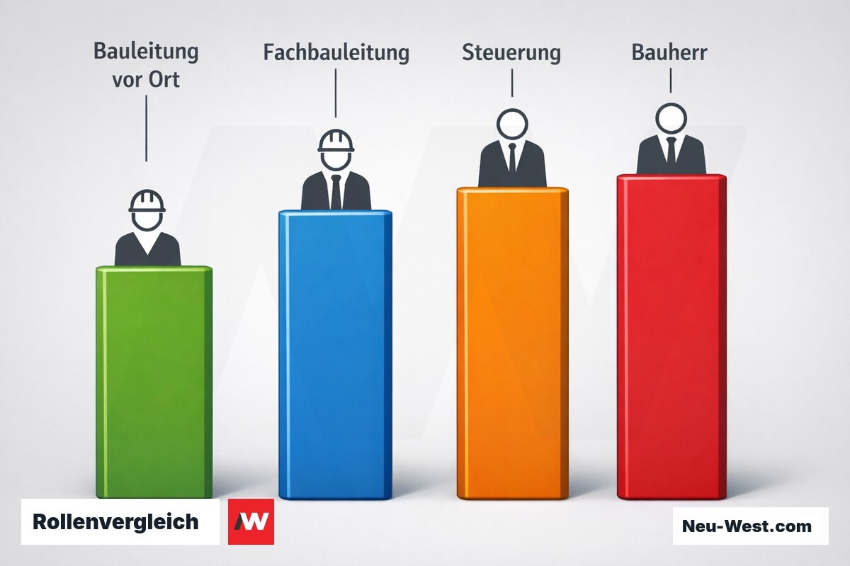 Rollenvergleich: örtliche Bauüberwachung, Fachbauleitung, Projektsteuerung, Bauherrenvertretung – Erklär-Grafik (NEUWEST Berlin)
