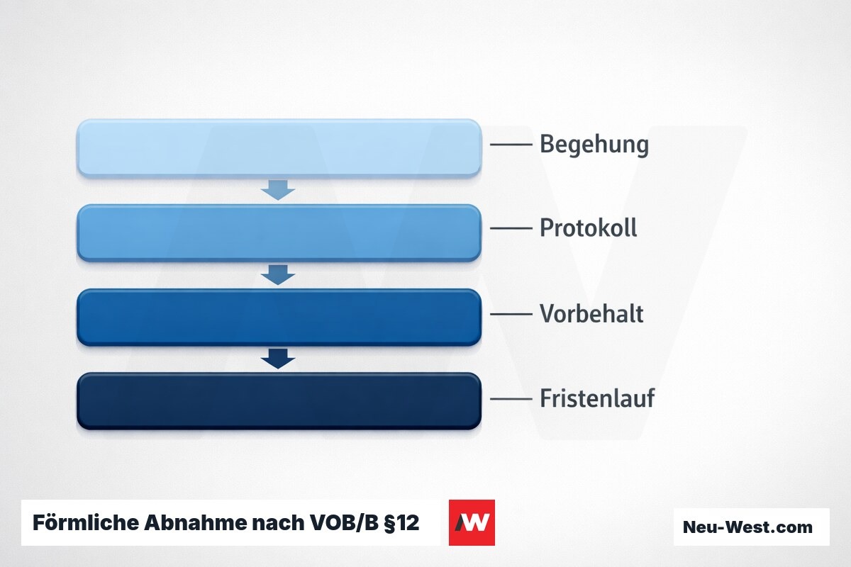 Förmliche Abnahme nach VOB/B §12: Verfahrensschritte und Rechtsfolgen im Zeitstrahl – Erklär-Grafik (NEUWEST Berlin)