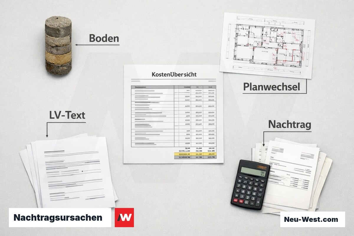 Nachtragsursachen: Häufigste Auslöser und Kostenwirkung auf das Gesamtbudget – Erklär-Grafik (NEUWEST Berlin)