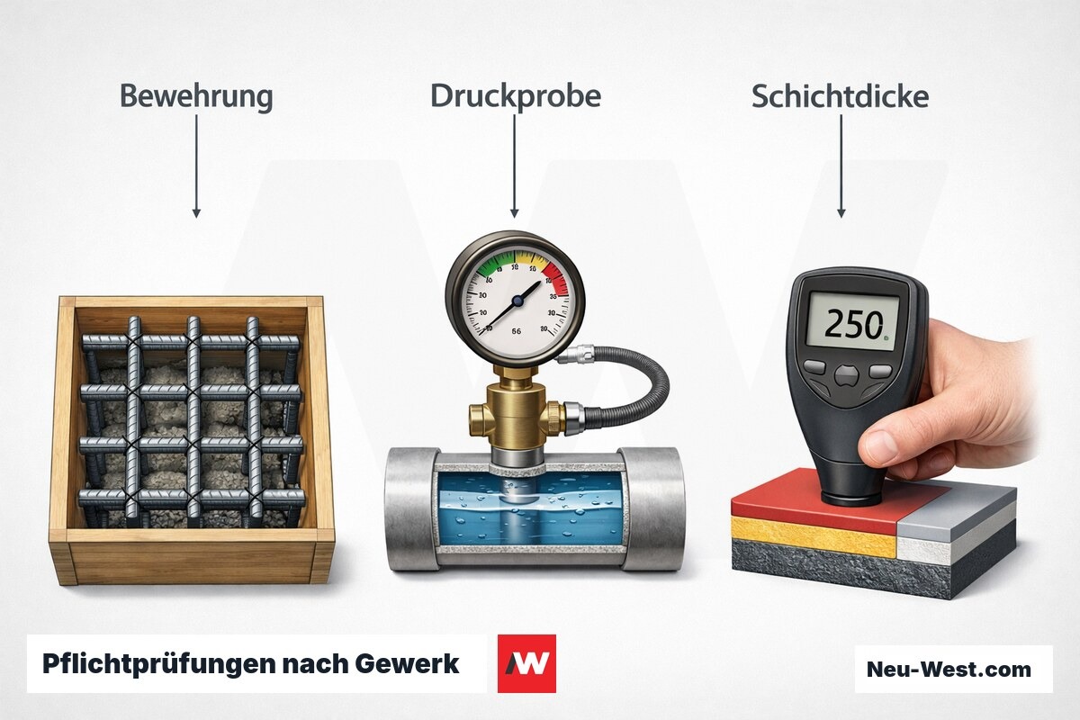 Pflichtprüfungen nach Gewerk: Bewehrungsabnahme, Druckprobe, Schichtdickenmessung – Erklär-Grafik (NEUWEST Berlin)