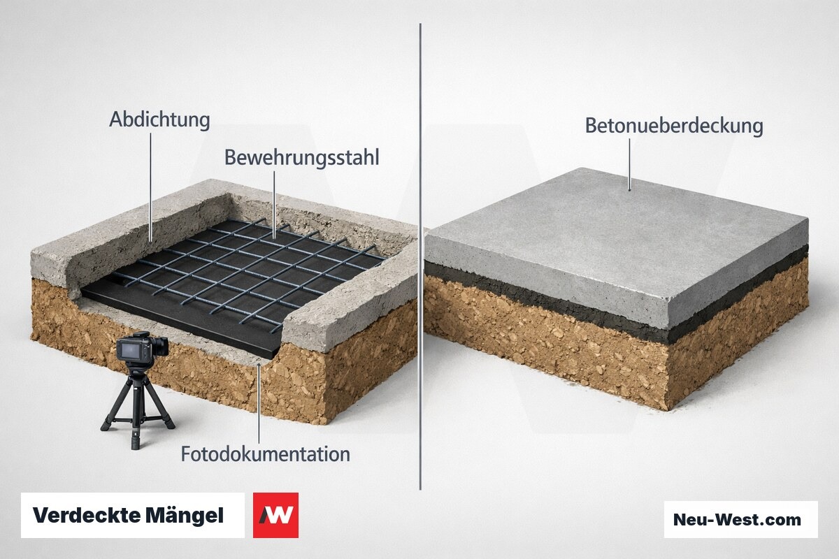 Querschnitt einer Bodenplatte: links offene Abdichtung und Bewehrungsstahl mit Kamera-Dokumentation, rechts vom Beton überdeckt und nicht mehr prüfbar.