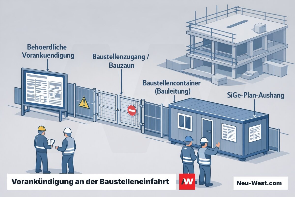 Erklär-Illustration einer Berliner Baustelleneinfahrt mit behördlichem Vorankündigungs-Aushang, Bauzaun-Zugang, Bauleitungs-Container und SiGe-Plan-Aushang.