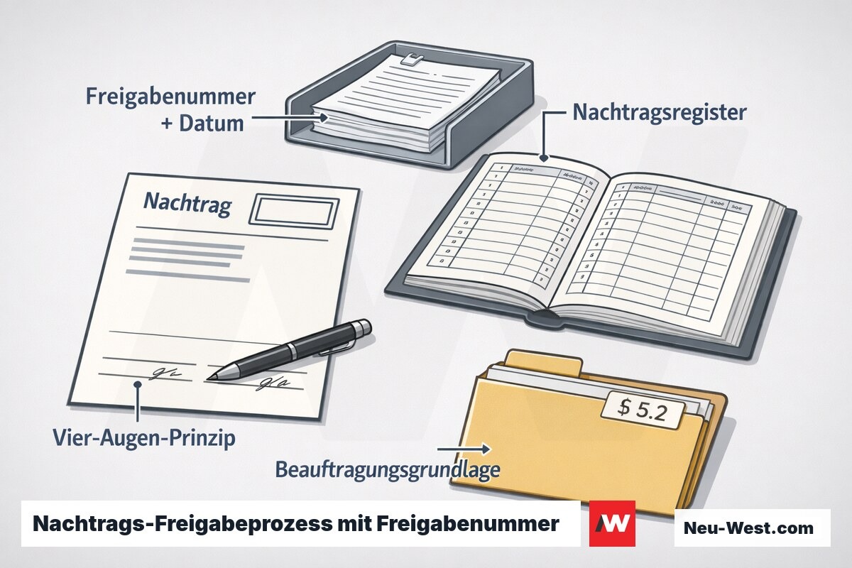 Erklär-Grafik: Nachtragsformular mit Freigabenummer, Datum und doppelter Unterschrift sowie fortlaufendes Nachtragsregister als Steuerungsinstrument der Bauleitung.