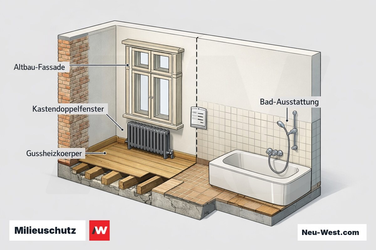 Querschnitt einer Berliner Altbau-Wohnung mit Kastenfenster, Heizkörper und Bad – Ausstattungsmerkmale, die unter Milieuschutz genehmigungspflichtig sein können.