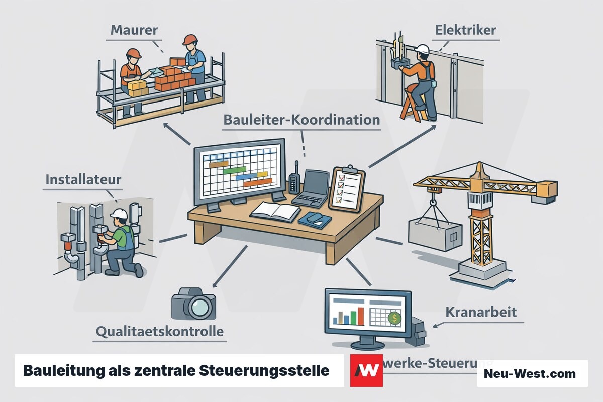 Illustration einer Bauleitung, die vom zentralen Steuerungspult aus Gewerke, Bauzeitenplan, Kosten und Qualitätskontrolle auf einer Baustelle koordiniert.