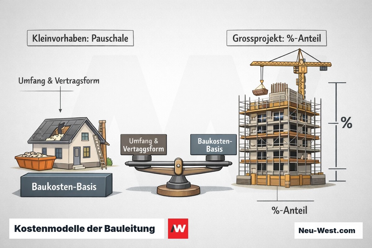Diagramm vergleicht Pauschalhonorar bei Kleinvorhaben mit prozentualem Baukosten-Anteil bei Großprojekten, gesteuert durch Umfang und Vertragsform.