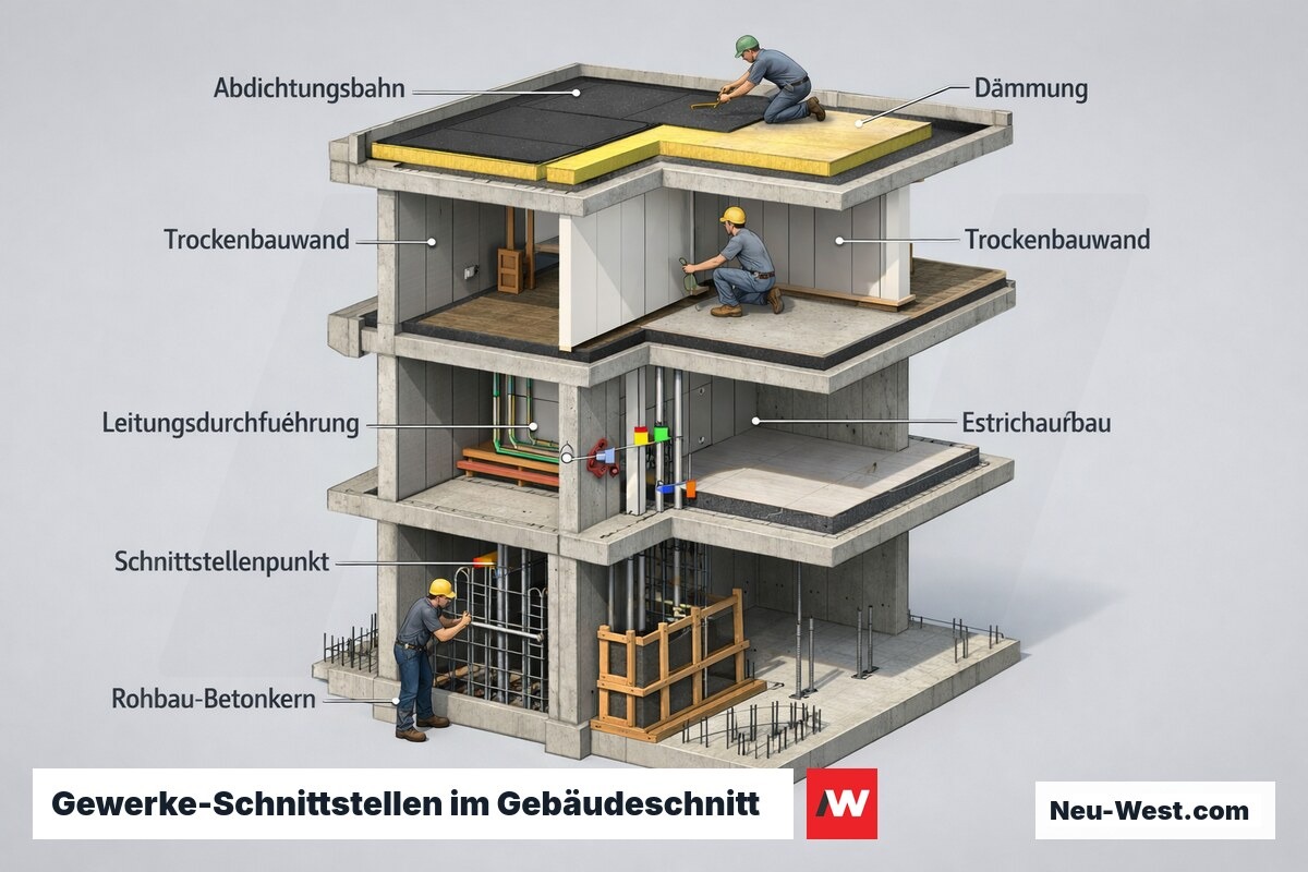 Gebäudequerschnitt zeigt parallel arbeitende Gewerke auf mehreren Etagen mit markierten Schnittstellenpunkten zwischen Rohbau, Leitungen und Trockenbau.