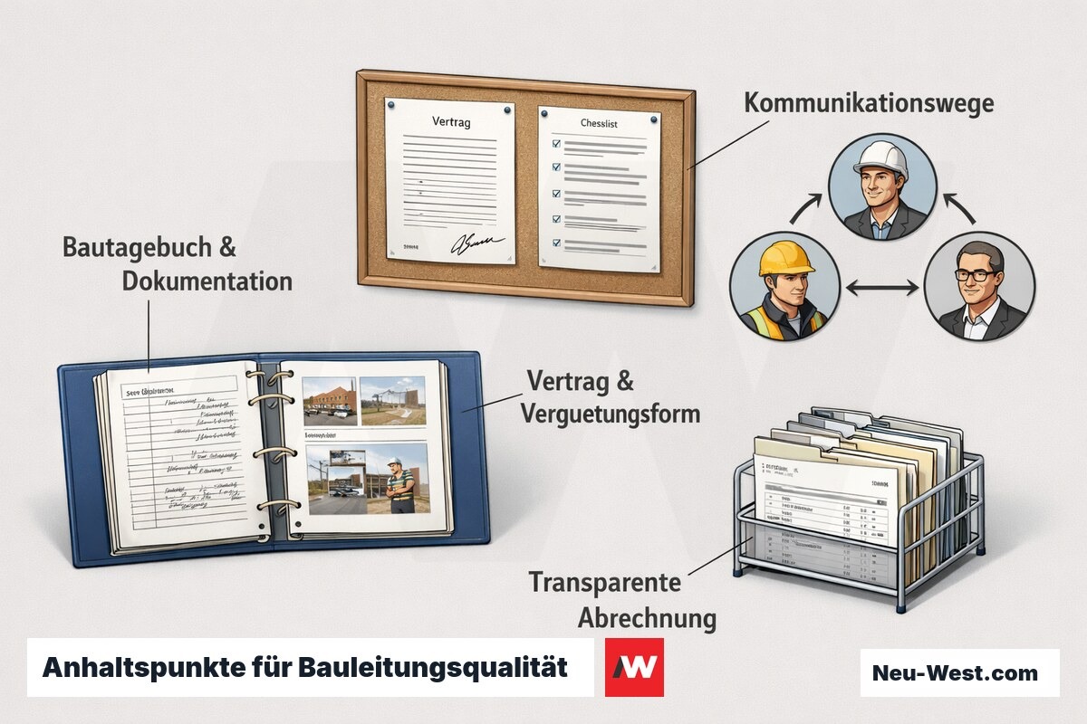 Cutaway-Illustration zeigt Bautagebuch, Vertrag mit Vergütungsform, Kommunikationswege und transparente Abrechnung als Qualitätsmerkmale der Bauleitung.