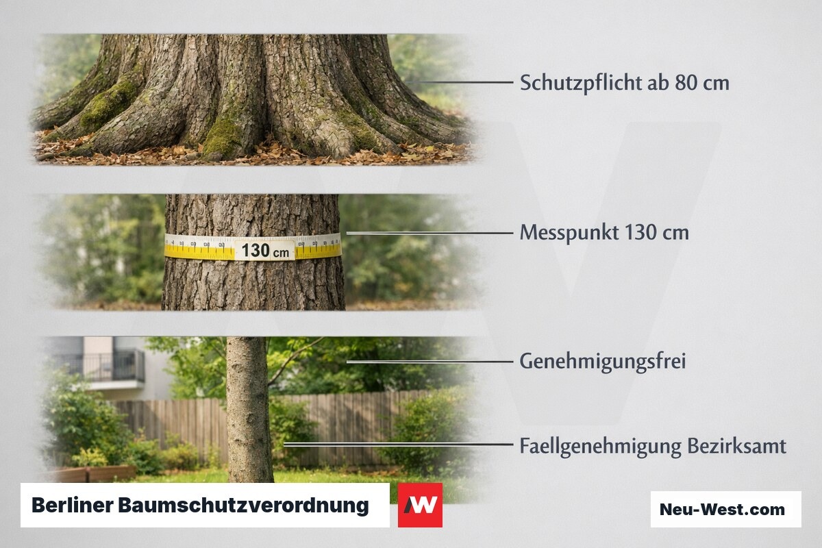 Berliner Baumschutzverordnung: Stammumfang und Genehmigungsklassen – Erklär-Grafik (NEUWEST Berlin)