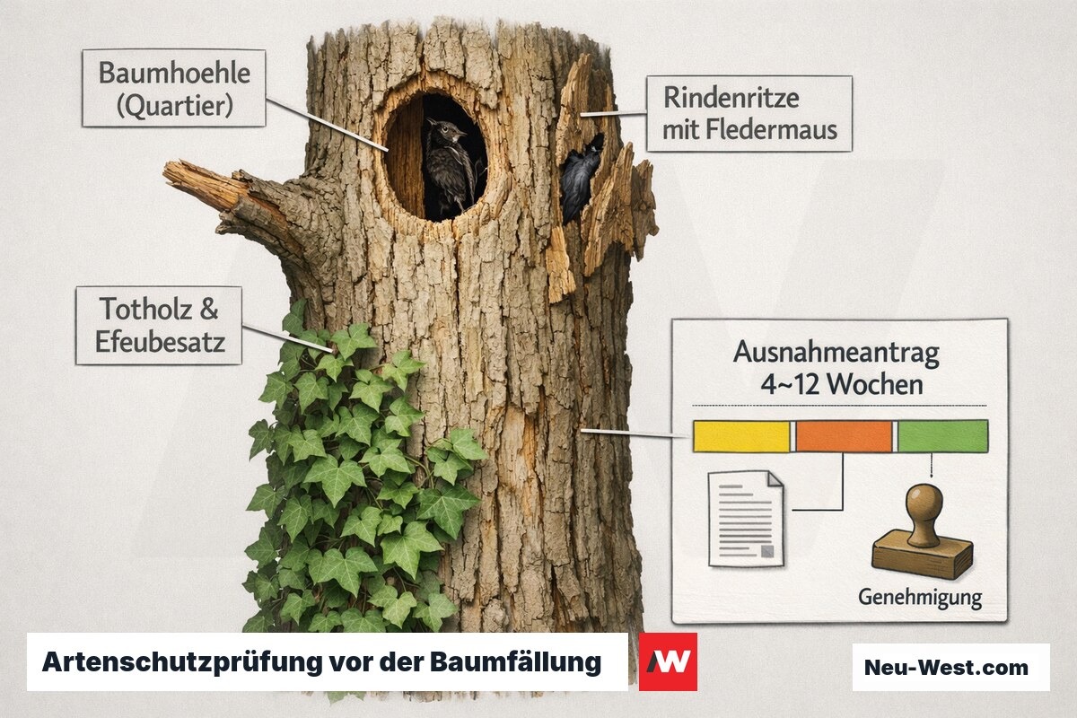 Querschnitt eines Baumstamms mit Baumhöhle, Rindenritzen als Fledermausquartier, Totholz und Efeu sowie Zeitleiste des artenschutzrechtlichen Ausnahmeverfahrens.