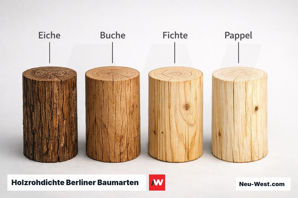 Holzrohdichte Berliner Baumarten: Kran- und Logistikklassen im Vergleich – Erklär-Grafik (NEUWEST Berlin)